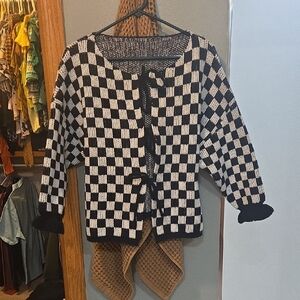 Elegant Black and White Checkered Women's Cardigan
